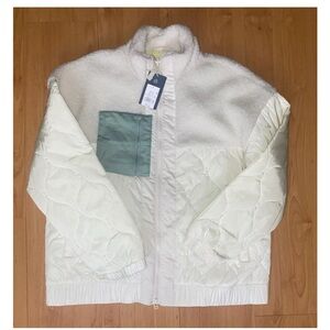 New Women's L Sherpa Jacket Off White w/ Teal & Yellow, NWT.